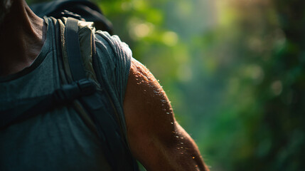 Fototapeta premium Close up of a sweaty arm and shoulder with a backpack strap in a green outdoor setting