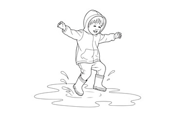 Happy child jumping in puddle on a rainy day