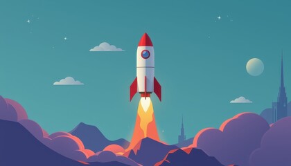 Obraz premium Modern Minimalist Rocket Launch in Abstract Landscape Vibrant Environment Flat Design Concept