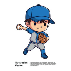 Cute baseball player in blue uniform throwing a baseball with a baseball mitt