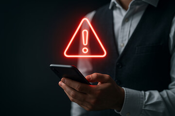 Digital security alert with glowing red warning triangle over smartphone in hand showing online fraud and cyber threat risk