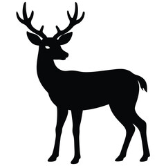 Obraz premium Elegant black silhouette of a majestic deer with impressive antlers standing calmly, deer silhouette vector illustration
