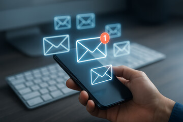 Hand holding smartphone with glowing email notification icons and digital communication concept on blurred keyboard background