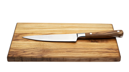 Chef knife on wooden cutting board isolated on a transparent background