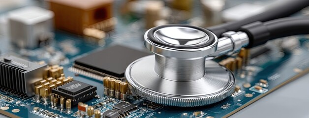 Close-up view of a stethoscope placed on a printed circuit board highlighting the intersection of technology and healthcare