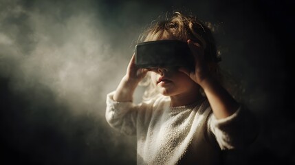A child exploring the virtual world through a VR headset