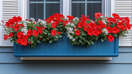 Naklejka premium Window box with red and white flowers on a blue house, with shutters