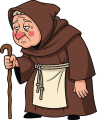 Obraz premium Cartoon elderly monk, brown robe, walking stick, tired expression, friar character, fantasy figure, vector illustration, medieval, apron