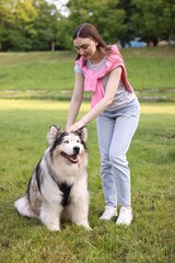Woman with her cute Alaskan malamute dog on green grass outdoors