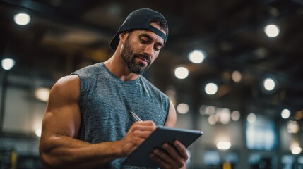 Medium shot of focused athlete confirming identity on a digital tablet signing electronic certificate while the blurred surroundings highlight reliability and trust.