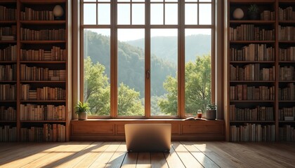 Cozy home office library with floor-to-ceiling bookshelves, large window overlooking green rolling hills, trees. Rustic wood interior creates warm, inviting atmosphere perfect for virtual meetings