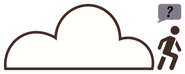 Individual stepping out of a cloud shape, speech bubble with question mark indicates doubt. Ideal for technology, decision-making, internet, innovation, communication, cloud services, adaptability