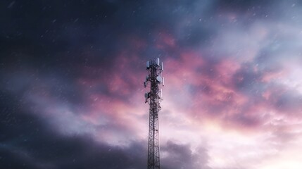 Dramatic 5G antenna tower against a moody sky backdrop