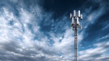 Obraz premium Dramatic 5G antenna tower with digital signals against a cloudy sky