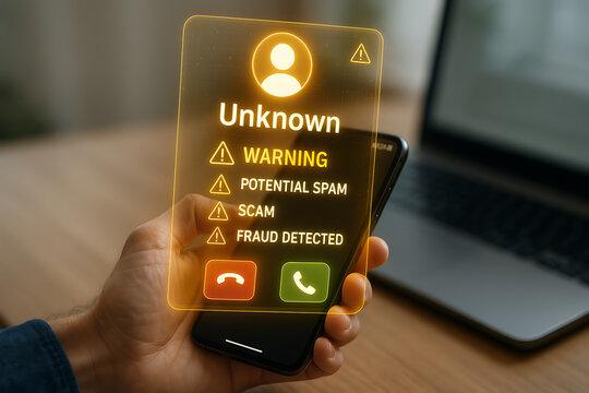 Hand holding smartphone with glowing unknown caller warning and potential spam scam fraud detected alert on screen