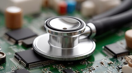 Close-up view of a stethoscope placed on a printed circuit board highlighting the intersection of technology and healthcare