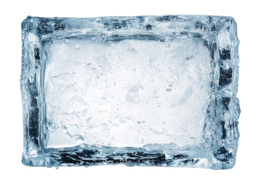 Close-up of a rectangular ice cube.  Clear ice, slightly mottled, shows air bubbles and moisture trapped within.  Visible frost lines along the edges