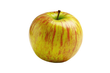 Close-up of a single, ripe apple.  Striped yellow and red fruit, whole and isolated against black background.  Stem visible