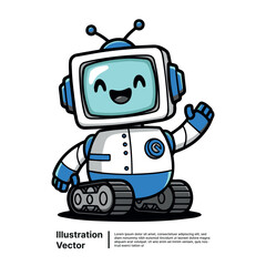 Cute cartoon robot waving hello with tracks and a screen for a face