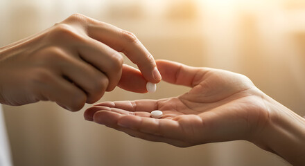 Person handing medication to another hand in soft light setting.   Perfect for healthcare services, pharmacy advertising, senior care programs and patient education materials