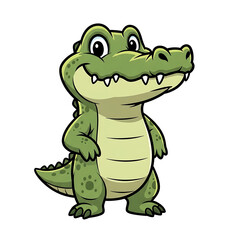 Obraz premium A cartoon alligator stands upright, smiling with its hands on its stomach, against a white background.