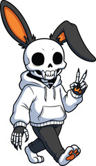 Cartoon skeleton bunny character, walking pose, peace sign, skull head, rabbit ears, hoodie outfit, vector mascot, isolated, Halloween, spooky, cute, creepy, stylized, animal hybrid, skeleton costume,