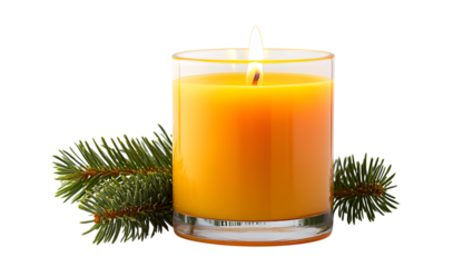 Orange candle with pine branch isolated on a transparent background
