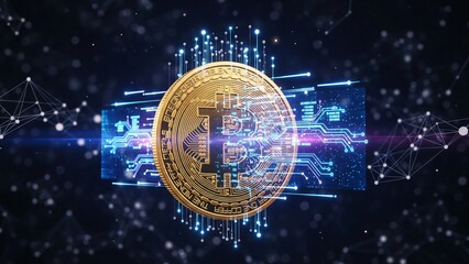 Floating Bitcoin coin with holographic glow in digital space, neon blue and purple lights, futuristic blockchain background symbolizing crypto innovation.