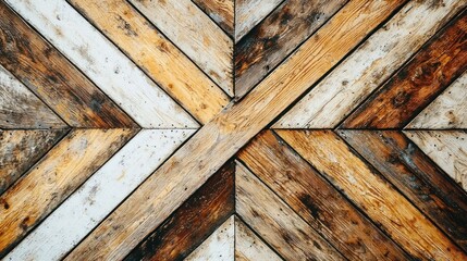 Wooden planks arranged in a textured herringbone pattern with varying wood tones