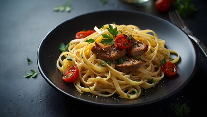 Gourmet Italian pasta dish with herbs and spices, top-down view