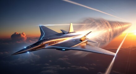 A futuristic supersonic aircraft soars through the sky, leaving a visible sonic boom in its wake as the sun sets on the horizon.