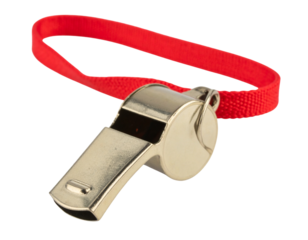 Hanging Silver Whistle with Loose Red Lanyard, front view, isolated on transparent background.