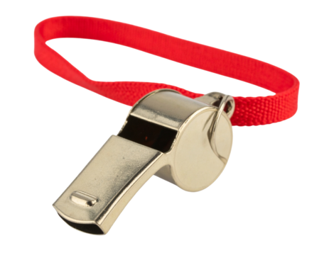 Hanging Silver Whistle with Loose Red Lanyard, front view, isolated on transparent background.