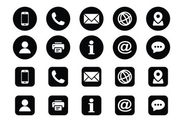 Black Contact Icons Vector Set. Phone, Email, Web, Location, Chat. Communication Symbol Vector Pack.