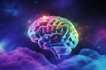 Colorful, glowing brain in a cosmic nebula, representing creativity and consciousness