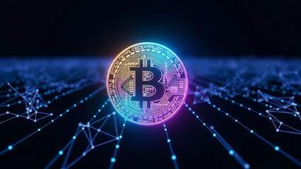 Floating Bitcoin coin with holographic glow in digital space, neon blue and purple lights, futuristic blockchain background symbolizing crypto innovation.