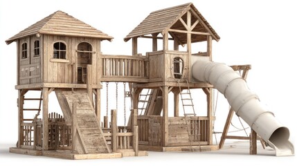 Wooden playset with two towers, bridge, slide, and ladder on white background