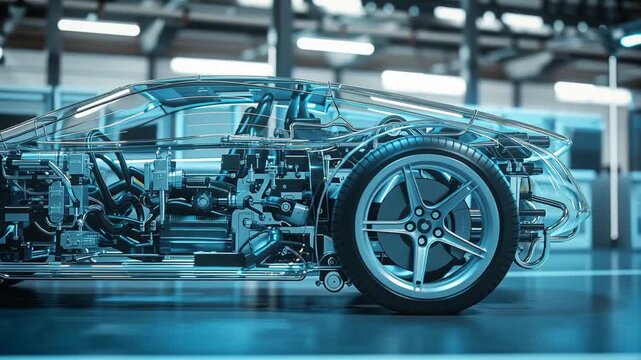 A holographic car blueprint in a factory. Symbolizes the future of automotive engineering, electric vehicle (EV) development, and industrial innovation.