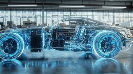 A holographic car blueprint in a factory. Symbolizes the future of automotive engineering, electric vehicle (EV) development, and industrial innovation. - Powered by Adobe