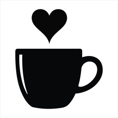 Black silhouette of a coffee cup with a heart shape rising from steam