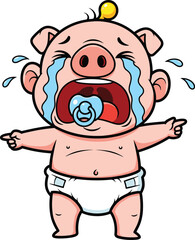 Naklejka premium Crying baby pig cartoon, pacifier, diaper, tears, upset piglet, emotional animal, vector illustration, cute pig character, kids clipart