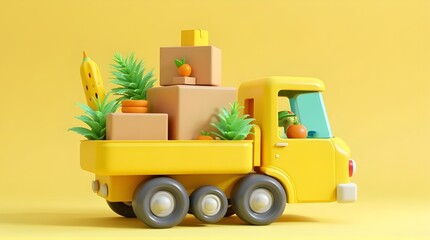 Naklejka premium Charming yellow delivery truck carrying boxes, plants, and fruit for a fresh, vibrant design