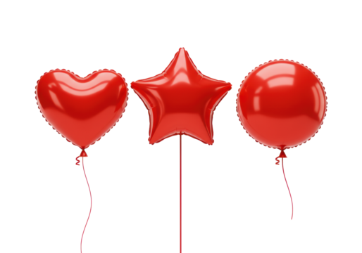 Three distinct, perfectly glossy red balloons (heart, star, circular) with ribbons, floating individually on a transparent studio background, strategic achievement concept