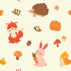 Fototapeta premium Cute Woodland Animals Seamless Pattern. Seamless cartoon pattern with forest animals and fall motifs. Suitable for nursery posters, kids’ clothing, and seasonal stationery.
