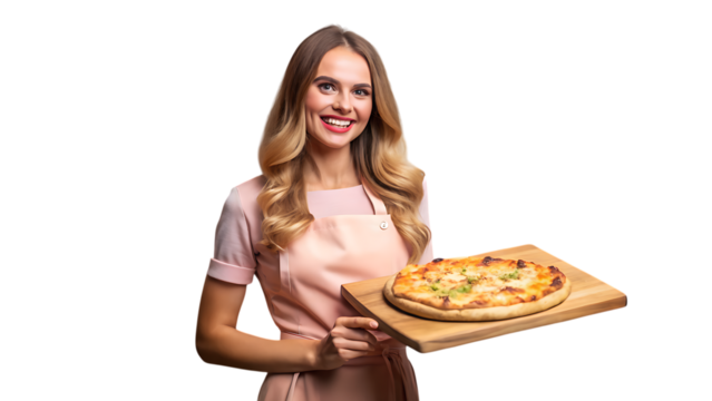 Delighted woman chef presents a freshly baked pizza on a wooden board, smiling warmly for customers.