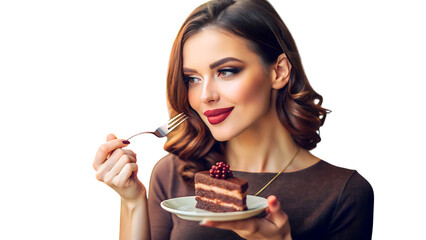 Elegant woman savoring decadent chocolate cake with fork, enjoying a sweet indulgence