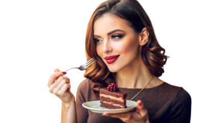 Elegant woman savoring decadent chocolate cake with fork, enjoying a sweet indulgence