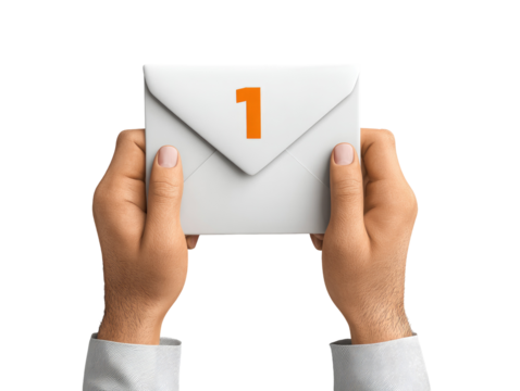 Hands holding a white envelope with the number 1