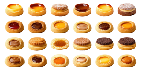Assorted miniature cookies with fillings.  A grid of 16 round cookies, each with a different filling visible.  The cookies have a light golden-brown color. Fillings include custard, jam.