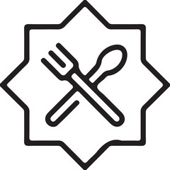 Simple line art icon of crossed fork and spoon inside an octagonal frame